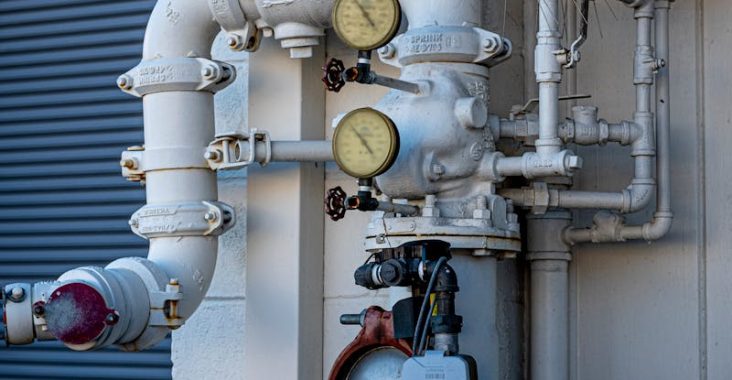 Close-up shot of an industrial pipe system featuring pressure gauges and valves outdoors.